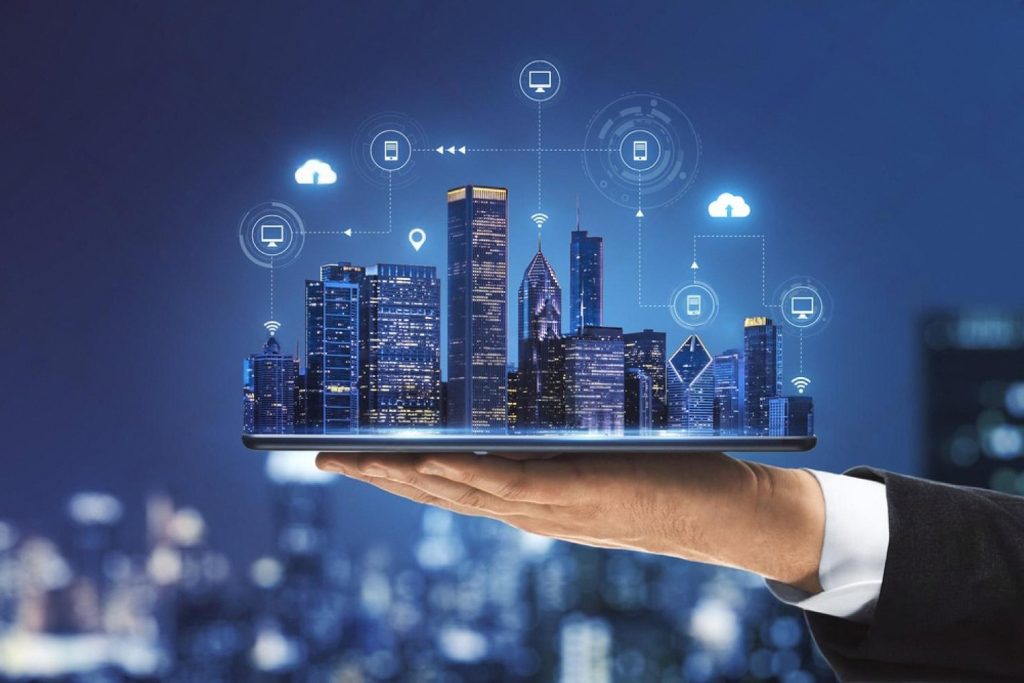 Hotel property management system shown as a connected cloud platform with city skyline