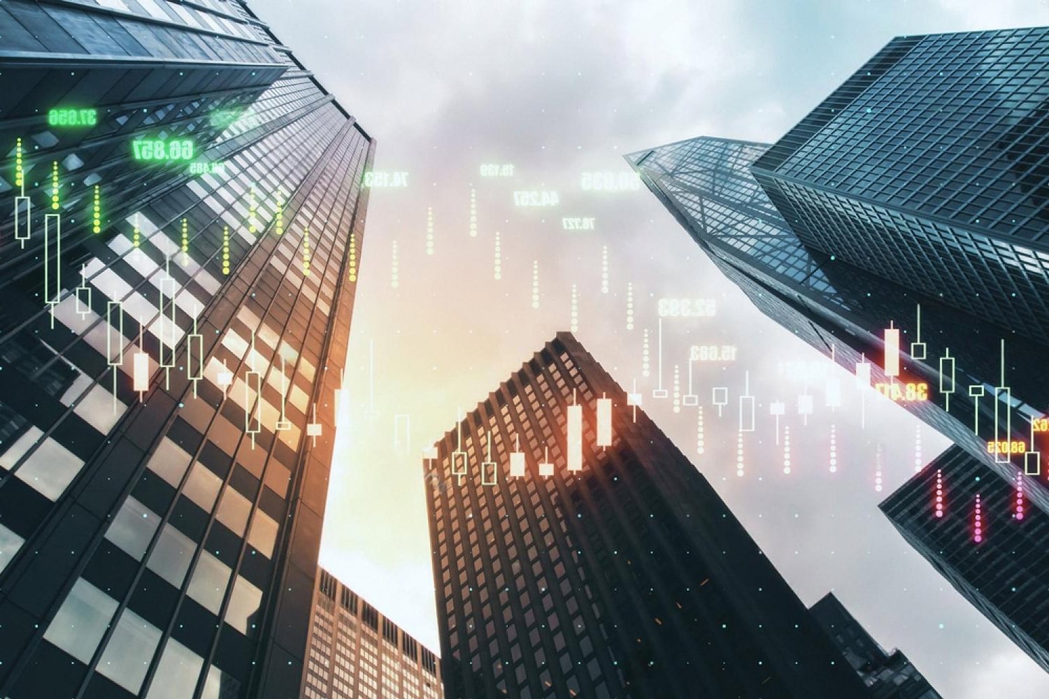 Skyscrapers with overlaid revenue analytics representing hotel PMS reporting