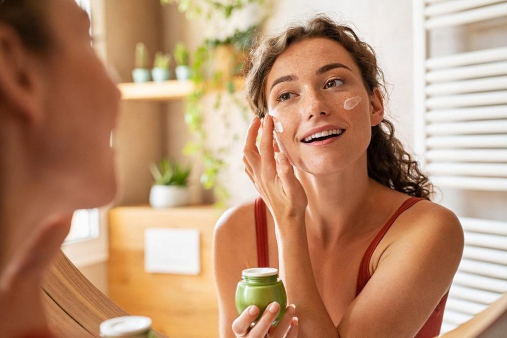 Woman applying moisturiser in front of a mirror as part of her hydrating skincare routine